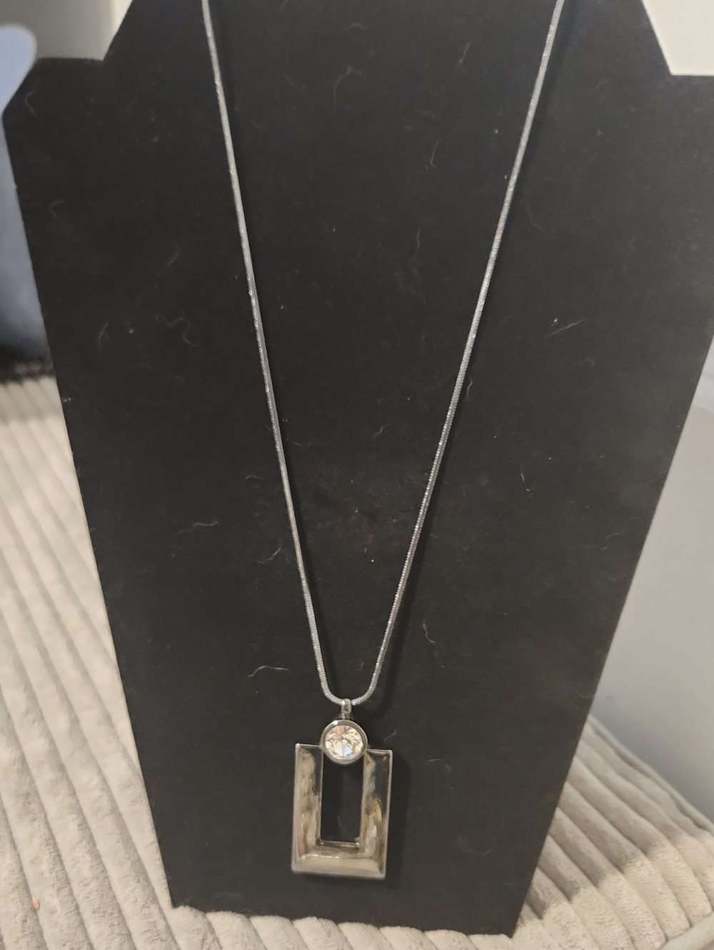 Vintage WHBM Open Rectangle Crystal Pendant Necklace Sleek Gunmetal Snake Chain